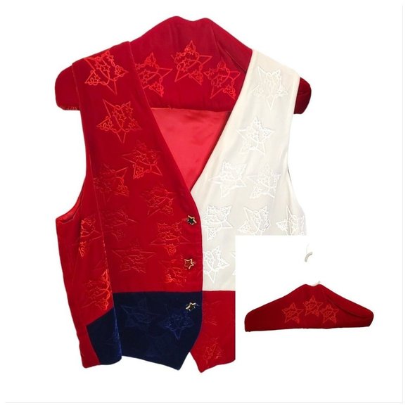 Womens America Patriotic USA Colorblock Star Velvet‎ Vest Sz S/M Hanger Cover - Picture 1 of 7